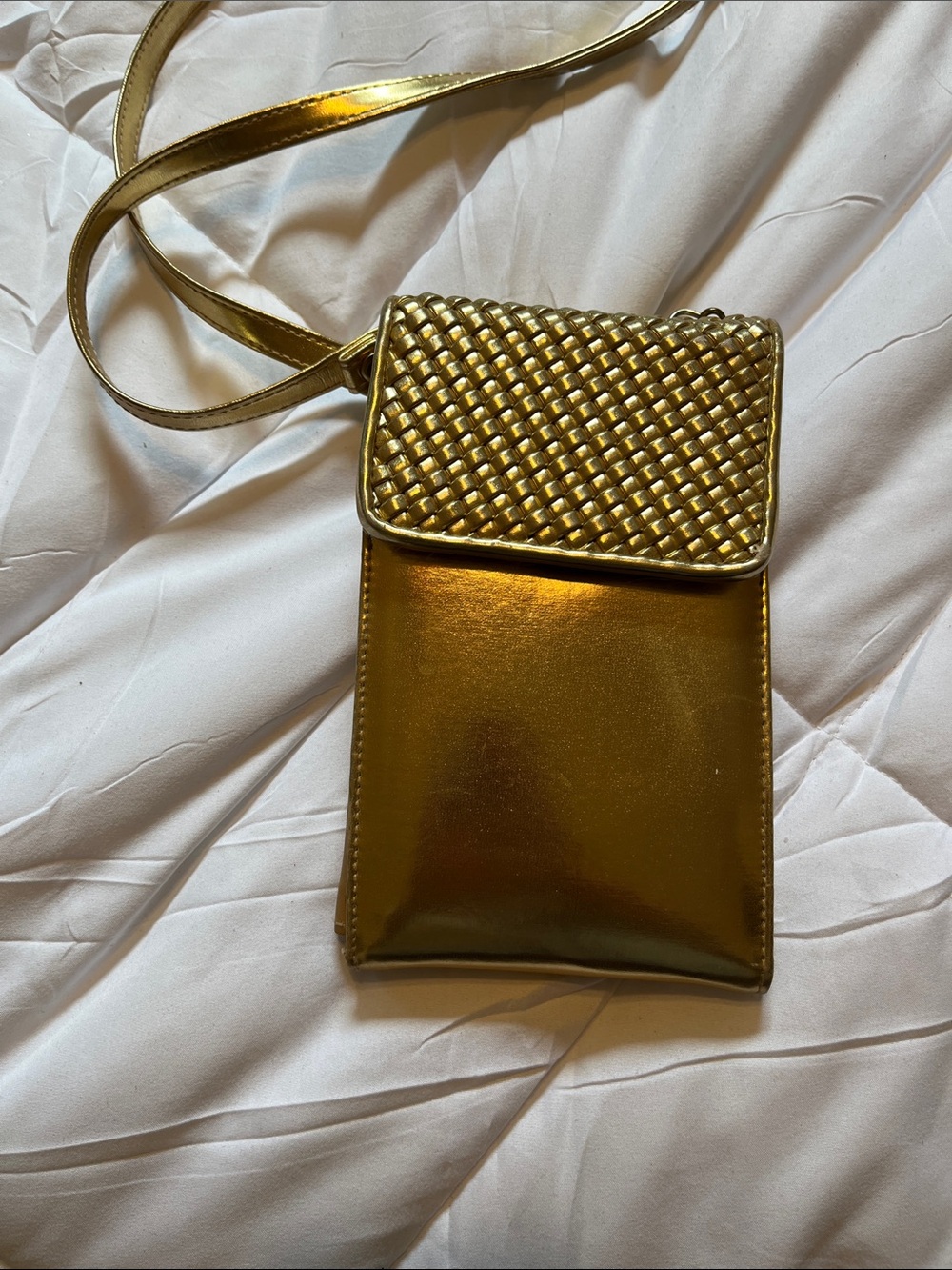 Gold Woven Flap Crossbody Phone Bag